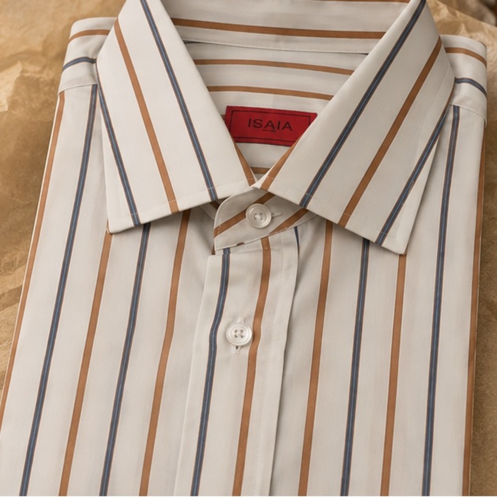 ISAIA Dress Shirt with Blue and Brown Stripes